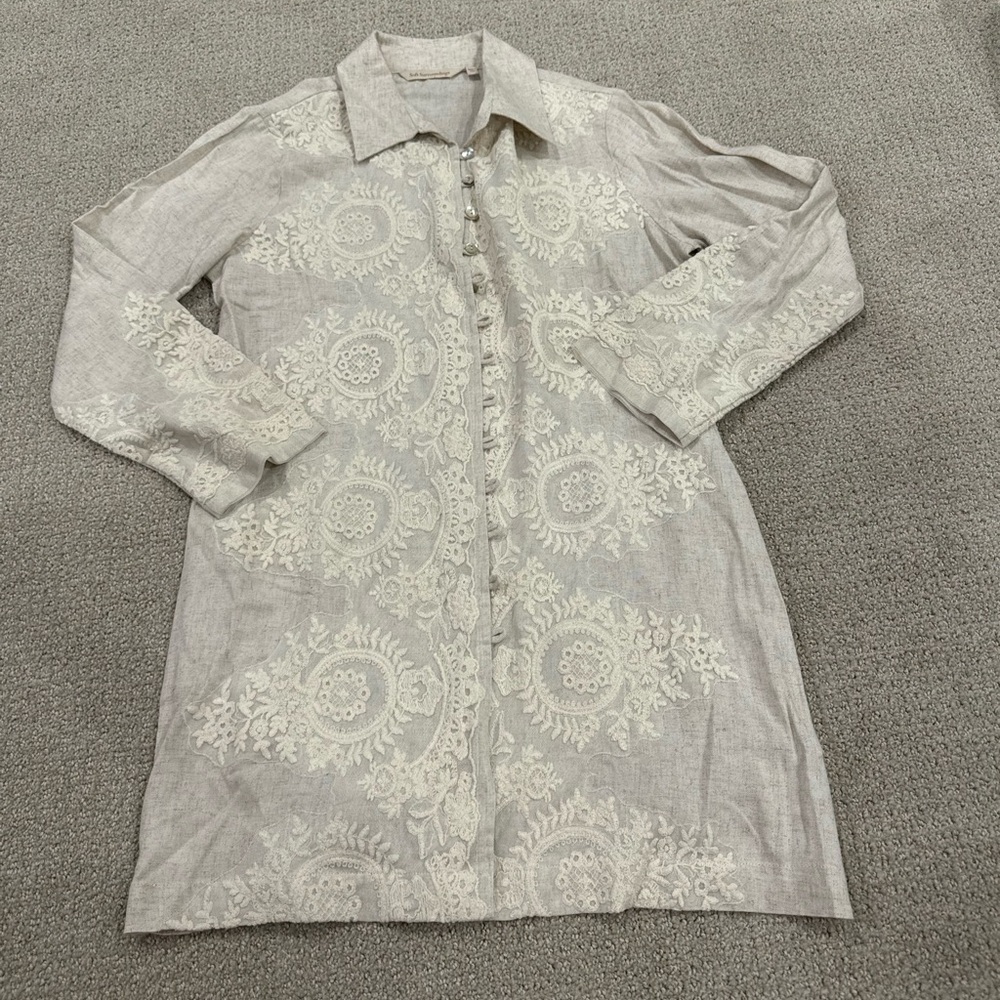 NWOT SOFT SURROUNDINGS Embroidered Beige Kamal Rayon Linen Tunic Top NWT Size S